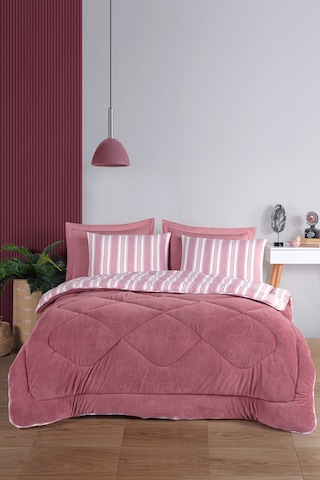 Uyku Seti Wellsoft Yorganlı Pofuduk 4 Parça Çift Kişilik Soft Line Bordo Bordo