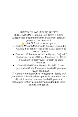 Opel Corsa F Manuel El Frenli 2020 2021 Uyumlu Araca Özel Kolçak Kol Dayama Orta Konsol Siyah