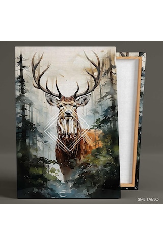 Ormanda Ala Geyik Boynuzlu Ren Geyiği Kanvas Tablo 70x100 Cm