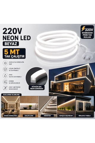 5 Metre Tak Çalıştır Parlak Güçlü Işık Borsan 220v Neon Led Beyaz Montaj Aparatı Dahil Beyaz 6000-6500K
