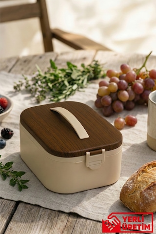 Lunchee - Çelik Bölmeli Sızdırmaz Ahşap Görünümlü Vakum Kapaklı Yemek Kabı Lunchbox 650 Ml Kahverengi