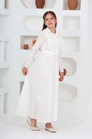 Kız Çocuk Uzun Boy Gofre Kumaş Jile & Elbise İki Parça Takım Astarlı Zarif Set-4948 Ekru