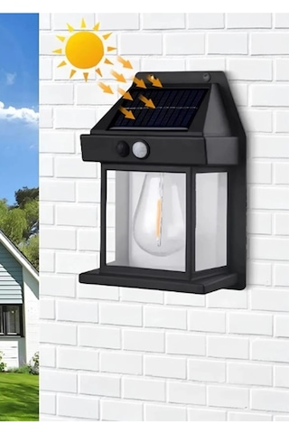 Güneş Enerjili Hareket Sensörlü Duvar Lambası Aydınlatma Aplik Siyah