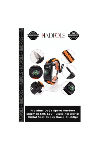 Premium Doğa Sporu Outdoor Ekipman Sos Led Pusula Ateşleyici Dijital Saat Düdük Kamp Bilekliği Turuncu