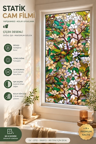 Deconitte Desenli Vitray Gürünümlü Statik Cam Filmi 60x100 Cm Yapışkansız Dekoratif Pencere Folyosu, Buzlu Cam Kaplama Kumlama