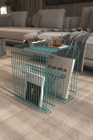 Santorini Tel Metal Tasarımlı Modern Paslanmaz Yan Sehpa, Dekoratif Metal Sehpa Boz Turkuaz
