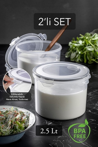 Meleni Home Hava Almaz Kapaklı Saklama Kabı Seti Vakum Kapaklı Yoğurt Kefir Mayalama Kabı 2'li 2 x 2500 ML