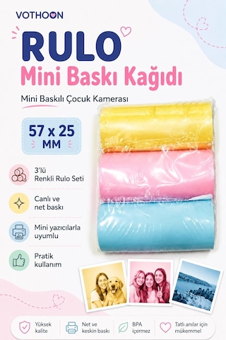 Çocuk Fotoğraf Makinesi Yedek Termal Baskı Kağıdı Renkli 3 Lü Rulo 57x25mm Najmaddin