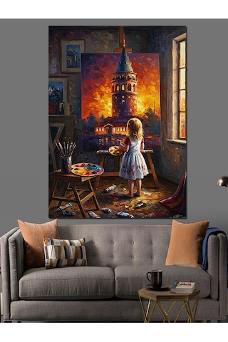Küçük Ressam Kız Ve Galata Kulesi Dekoratif Kanvas - Mdf Ahşap Tablo