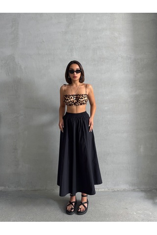 Kadın Beli Lastikli Dokuma Kloş Etek Siyah