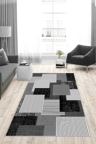 West Home Dijital Baskı Yıkanabilir Kaymaz Taban Salon Halısı Mutfak Halısı Yolluk Wh 457 Black