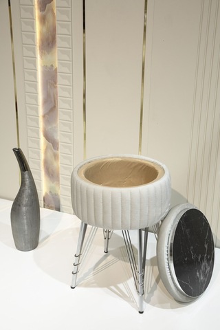 Bianco Metal Ayaklı Puflu Zigon Sehpa Krom Bej Chrome Beige