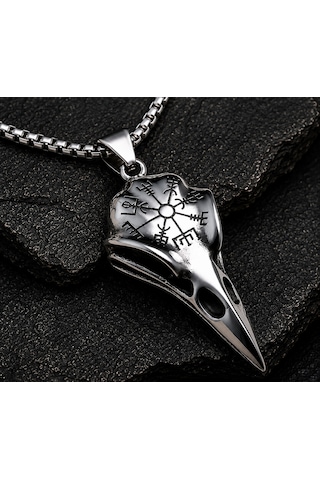 Vegvisir Sembol Paslanmaz Çelik Viking Kuzgun Kurukafa Erkek Çelik Raven Kolye Metalik Çelik