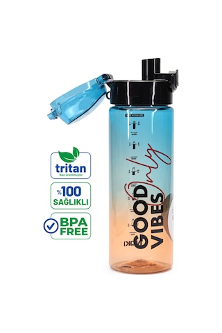 Su Matarası Tritan Geniş Ağız Su Şişesi Good Vibes Spor Matarası Suluğu Bpasız 550 Ml Mavi 0100