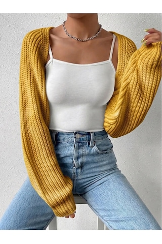 Moibody Triko Örgü Reglan Kol Bolero Hırka Kore Tarzı 4 Mevsim Sarı Sarı