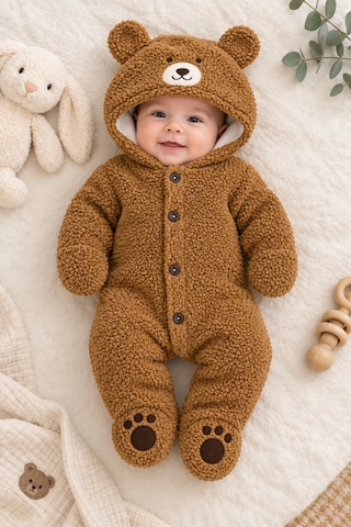 Beniizle 0-6 Ay Unisex Ayıcık Kapüşonlu Welsoft Bebek Tulum Kahverengi