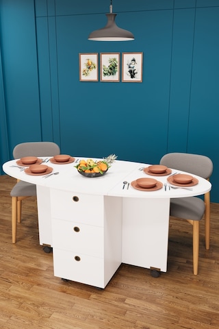 Asra Trend KM-08 %100 MDF 141x72 cm Katlanır Akıllı Mutfak Masası Tekerlekli Servis Masası 2 Çekmeceli Beyaz