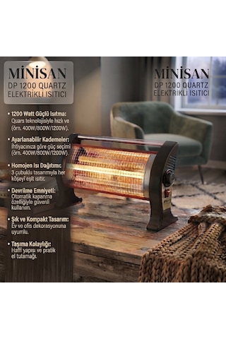 Minisan Dp 1200 Q 1200 W Elektrikli Soba 3 Kademeli Quartz Mini Isıtıcı Siyah