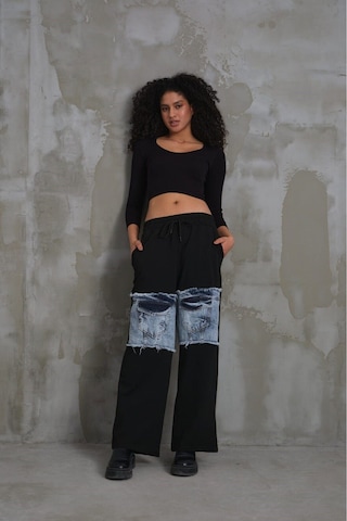 023 Kadın Cepli Bol Paça Penye Kot Denim Pantolon Siyah