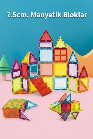 110 Parça Manyetik Blok Seti - 7.5 Cm Standart Seri Renkli Magnet Mıknatıslı Yapı Blokları, 3+ Yaş E