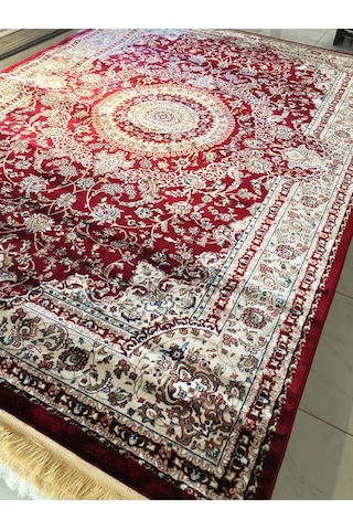 Asaryün Halı Ipek H4095 Bordo İpeksi Geleneksel Renkli Göbekli Klasik Desen Salon Halısı Modern Bordo-kırmızı
