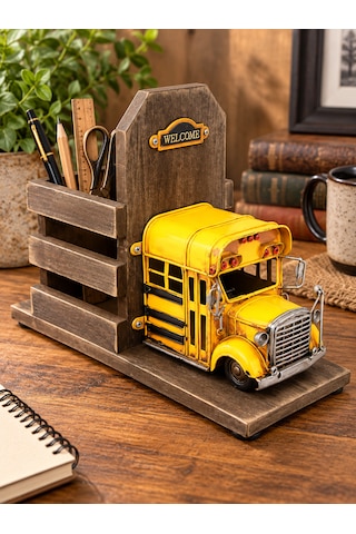 Mnk Home Vintage Dekoratif Metal Okul Otobüsü Kalemlik El Yapımı Eskitme Tasarım, Fotoğraf Çerçeveli Ahşap Ve Metal Masaüstü Organizer 24 Cm Sarı