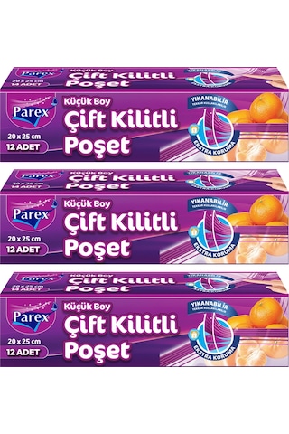 Çift Kilitli Buzdolabı Poşeti 12'li Küçük Boy 20 X 25 Cm Üçlü Paket