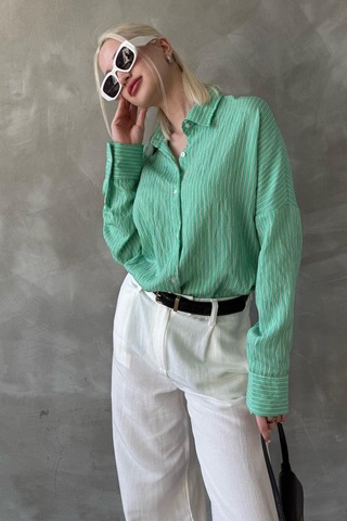 Madmext Yeşil Çizgili Oversize Kadın Gömlek Mg2327 Yeşil