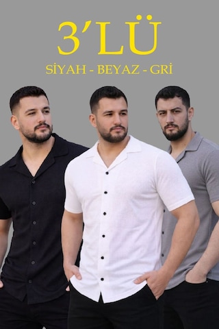 Mbb E-ticaret Erkek Waffle Kumaş Yazlık Yakalı Kısa Kol Düğmeli Gömlek 3 Lü Set Siyah-beyaz-gri