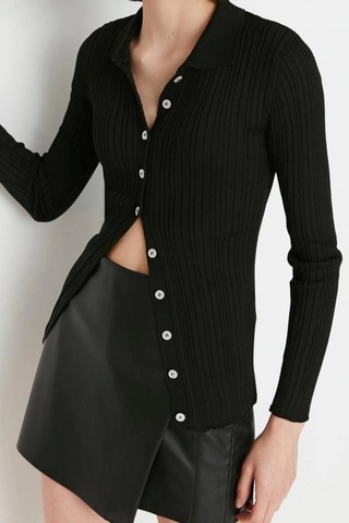 Ersefa Kadın Modern Tarz Slim Polo Yaka Regular Triko Hırka Siyah