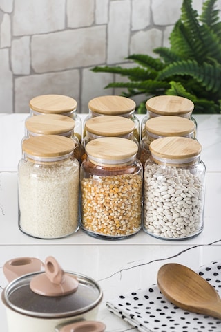 9 Lu Set Bambu Kapaklı Cam Kavanoz & Erzak Saklama Kabı 800 Ml Orta Boy Vakum Kapak Çok Renkli