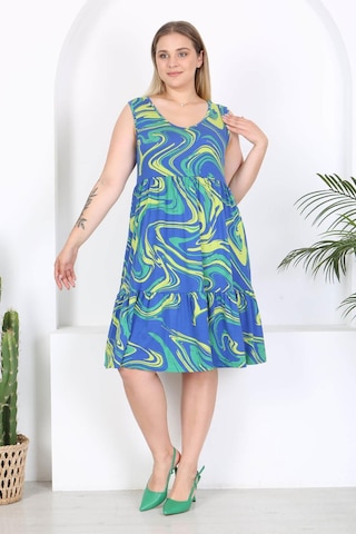 Kadın Mavi Yeşil Ebru Desen Büyük Beden Katlı Elbise Mavi