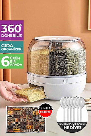 6 Kg Kapasiteli Gıda Ve Bakliyat, 6 Gözlü, 360 Derece Dönebilen, Baharat Kaşığı Ve Nihale Hediye Beyaz