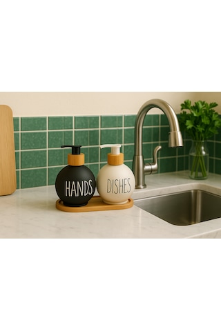 Bambu Standlı Cam Sıvı Sabunluk Seti 500 Ml Çiftli Dispenser Hands & Dishes Yazılı, Siyah-beyaz Siyah Beyaz