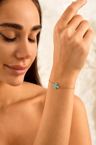 Sefa Gold 14 Ayar Altın Mavi Mineli Yonca Bileklik Sarı - Beyaz Altın