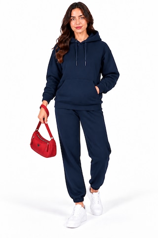 Justas Kadın Lacivert Kapüşonlu Kanguru Cepli 3 İplik Şardonlu Sweatshirt