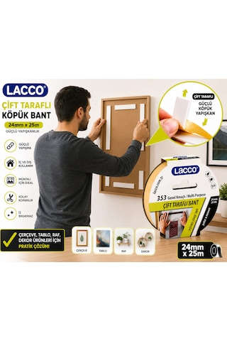 Lacco Çift Taraflı Köpük Bant 24 Mm X 25 M Güçlü Yapışkanlı Montaj Bandı Çok Amaçlı Beyaz 1 Adet