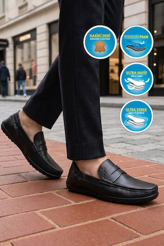 Voyager Erkek Hakiki Deri Loafer Mokasen Ayakkabı Hafızalı Taban Hafif Smart Casual Siyah M420 M