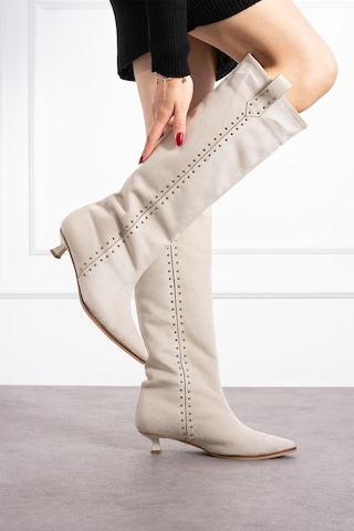 Shoetek Luminya Kadın Çizme İnce Topuklu Yandan Pimli Bej Süet Bej Süet
