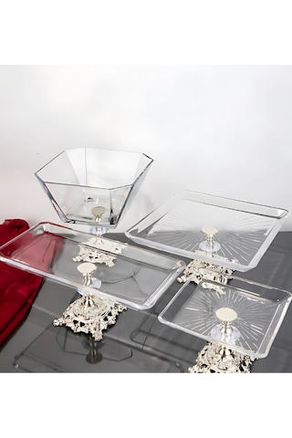 Assa Bazaar Argkristal Gümüş Detaylı Metal Ayaklı 4 Parça Sunum Seti Gümüş