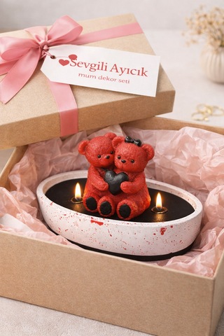 Sevgili Ayıcık Mum Dekor Seti Vanilya Kokulu Ayıcık Mumlu Polyester Tabak Kırmızı - Pembe - Beyaz - Siyah