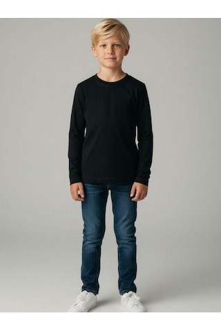 Zekids Erkek Çocuk Pamuklu Bisiklet Yaka Uzun Kollu Basic T-shirt-16775 SIYAH