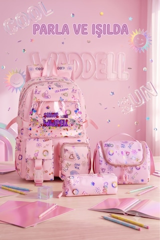 Waddell Kawaii Kore Tarzi Twil Kumas Desenli Sirt Cantasi Beslenme Cantasi Ve Kalemlikli Uclu Se Pembe