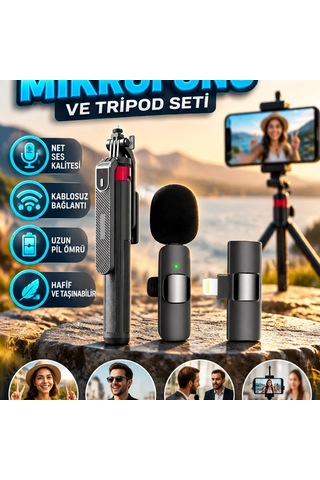 Çift Kablosuz Yaka Mikrofonu Ve Tripodlu Selfie Çubuğu Seti Vlog, Canlı Yayın Ve Röportaj İçin