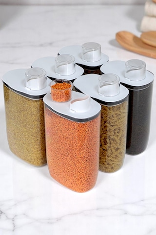 İronika 6'lı Silikon Kapaklı Ölçülü Saklama Erzak Bakliyat Kabı Kutusu Seti 2100 Ml Şeffaf