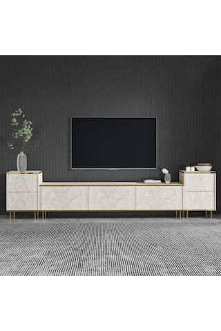 İmaj Tv Ünitesi Ve Komodin Set Traverten/gold, Oturma Odası Set, Tv Sehpası - Traverten Traverten