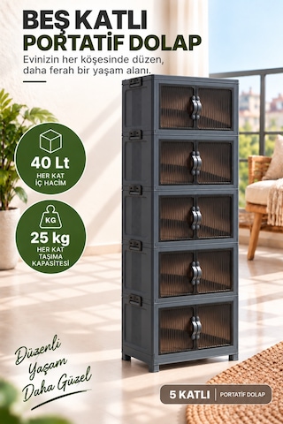 5 Katlı Portatif Organizer Dolap 200 Lt Gri