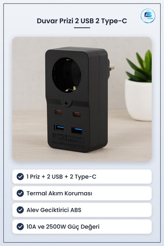 Duvar Prizi 1 Priz 2 Usb Type C Siyah Termal Akım Korumalı Hızlı