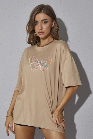 Flood Of Style Unisex Butterfly Baskılı T-shirt Bej