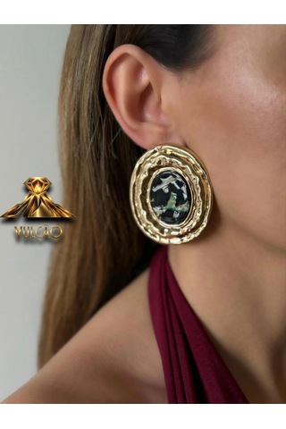 Gold Plaka Oval Taşlı Küpe Altın